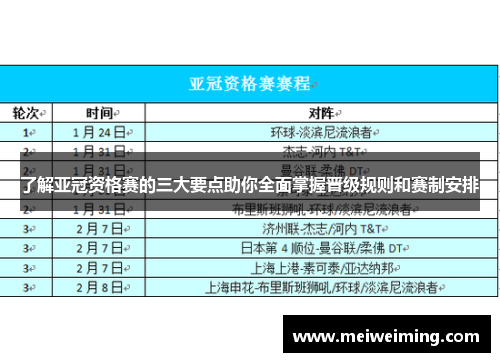 了解亚冠资格赛的三大要点助你全面掌握晋级规则和赛制安排