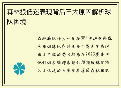 森林狼低迷表现背后三大原因解析球队困境 森林狼低迷表现背后三大原因解析球队困境